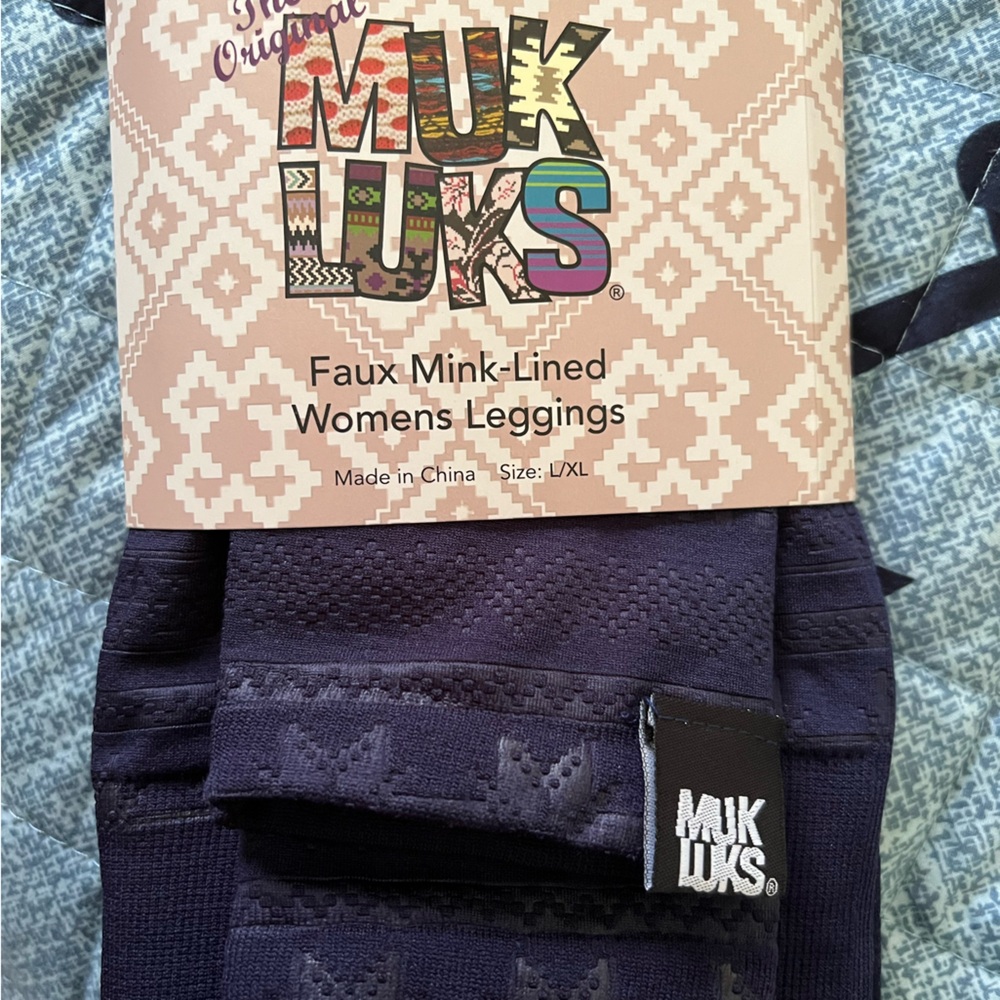 Muk Luks Faux Mink-Lined Womens Leggings size L/XL Blue Print